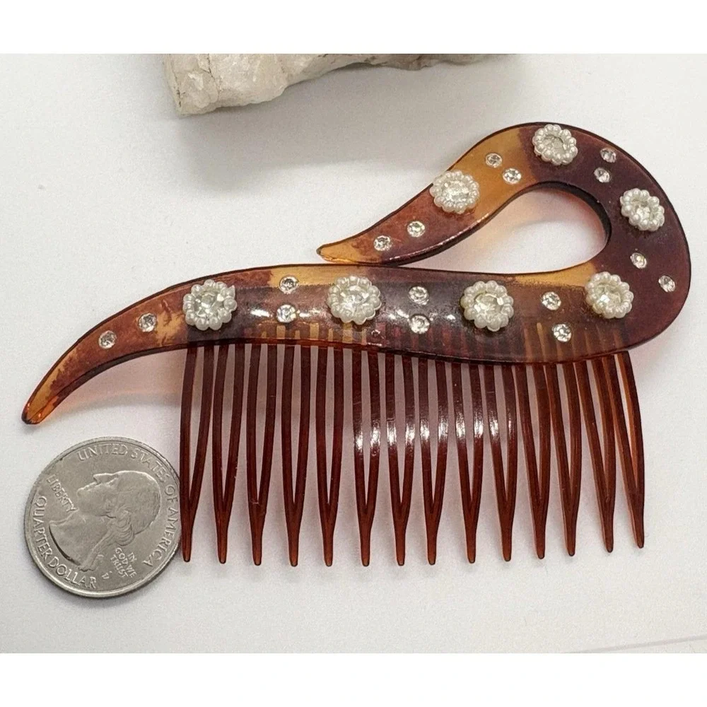 Vintage 1920s Celluloid Art‎ Deco Hair Comb Faux Tortoise Shell Rhinestone USA